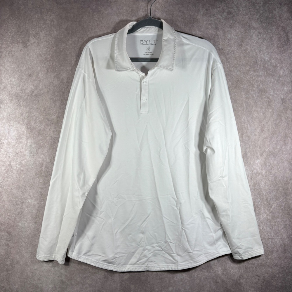 BYLT Polo Mens Size XL White Lux Long Sleeve Premium Basics Athletic Stretch